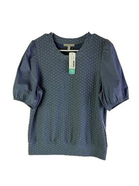 New Pale Sky Rory Short Sleeve Poplin Mix Media Knit Top Shirt
